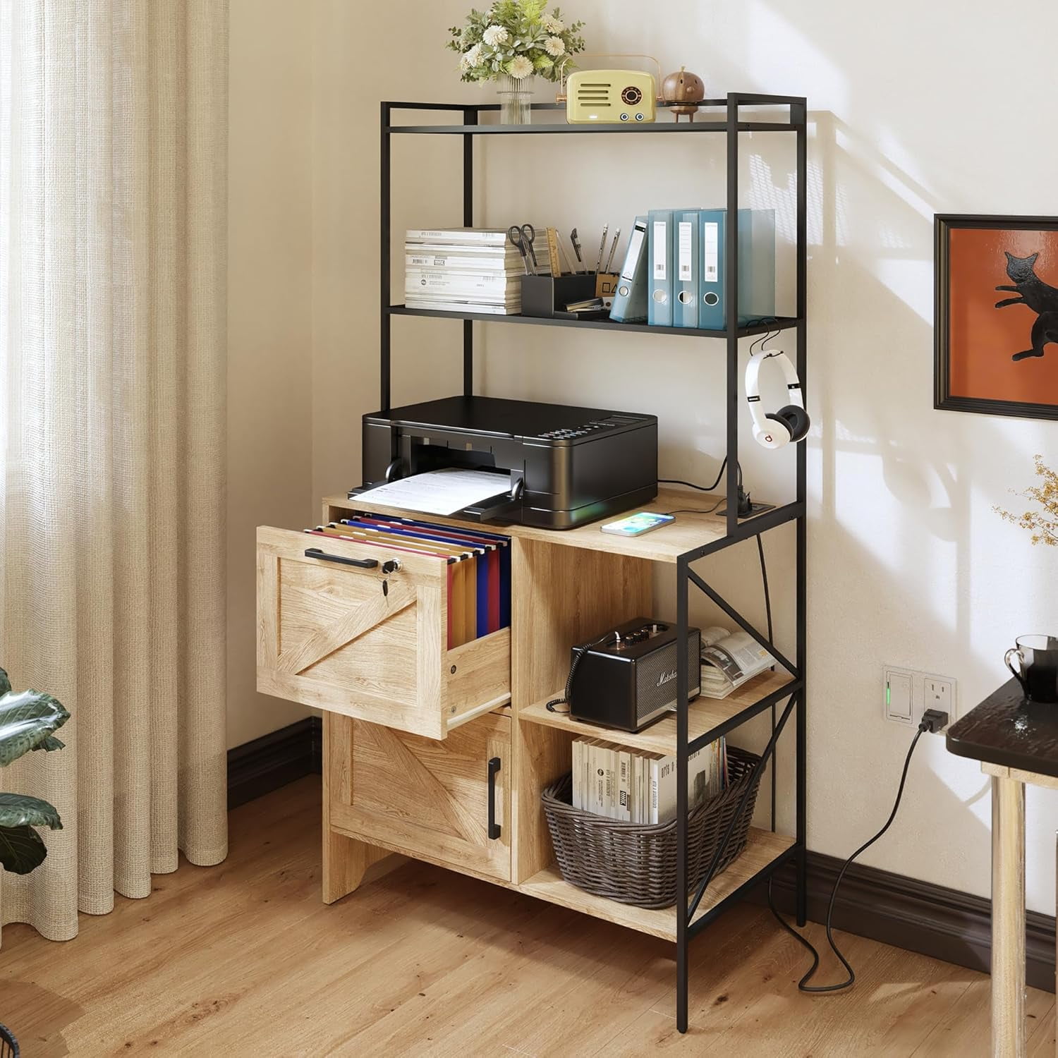 File Cabinet With Charging Station & Bookshelf - Barn Door Vertical Cabinet, Printer Stand For Home Office