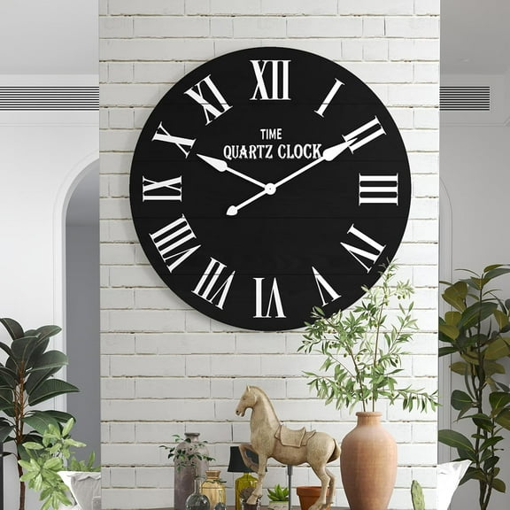 ARTPOWER Large Farmhouse Wall Clock, 35.5” Shiplap Wall Clock with Roman Numeral, Nearly Non-Ticking, Round Wall Clocks for Living Room Decor, Office, Bedroom, Entrance, Black