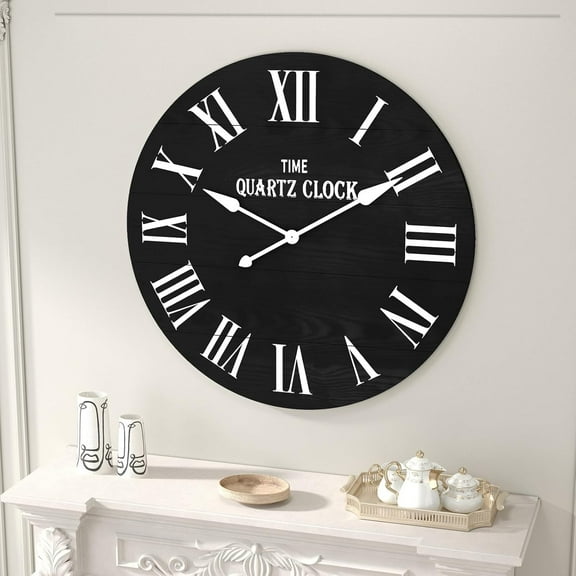 ARTPOWER Large Wall Clock 35.5” Shiplap Wall Clock with Roman Numeral, Nearly Non-Ticking, Round Wall Clocks for Living Room Decor, Office, Bedroom, Entrance, Black