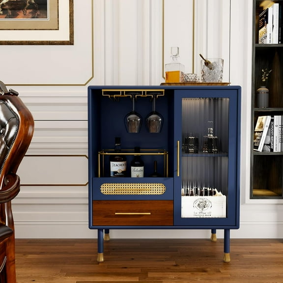 ARTPOWER Modern Coffee Bar Cabinet with Wine Glass Rack and Drawers, Blue Liquor Cabinet with Pull-Out Wine Storage for Kitchen, Dining Room, Living Room