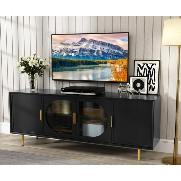 ARTPOWER Modern TV Stand for 70 inch TV, Black TV Console with 4 Glass Doors, Entertainment Center with Storage Cabinet, Wood Media Cabinet with Gold Leg, 65” TV Stands for Living Room