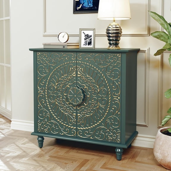 ARTPOWER Sideboard Buffet Cabinet with Storage,Vintage Decorative Accent Cabinet with Carved Flower Pattern,Wood Credenza with 2 Doors for Living Room,Hallway,Dining Room,Kitchen - Green