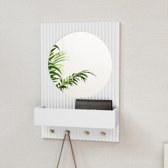 ARTPOWER Wood Wall Mirror with Shelf&Hooks, 24"x16" White Wall-Mounted Mirrors with Streamlined Texture Hanging Decorative Modern Mirrors for Entryway, Bathroom, Bedroom, Living Room