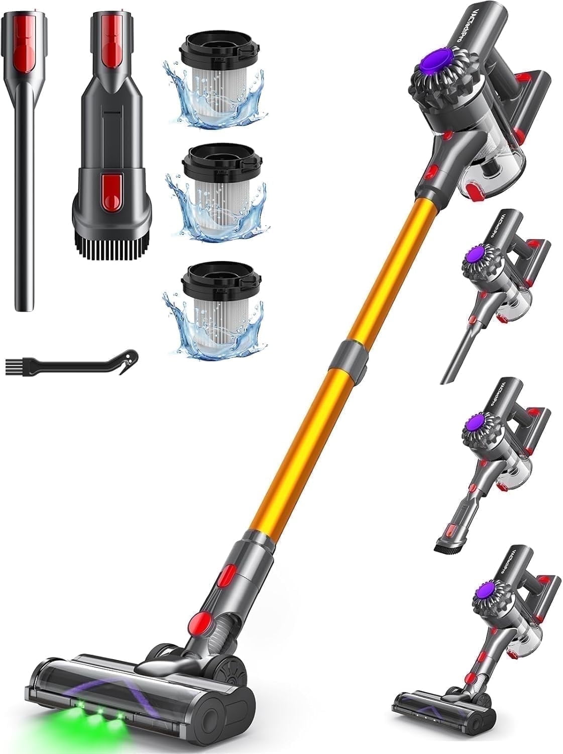 Cordless Stick Vacuum Cleaner V15, 6 in 1 Rechargeable Cordless Vacuum Cleaner, Lightweight Upright Vacuum for Home Pet Hair Car Carpet Hardwood Floor, ARTSEA, Gold