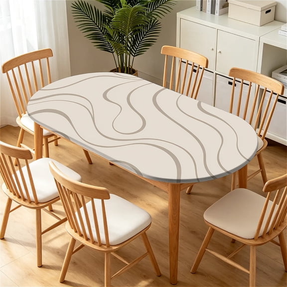 ARTSLION Elastic Tablecloth For Oval Tables, Waterproof Tablecover For Up To 42X68in Oval Table Cover, Dining Tablecover For Indoor And Outdoor, Holiday, Beige Wave
