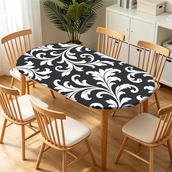 ARTSLION Elastic Tablecloth For Oval Tables, Waterproof Tablecover For Up To 42X68in Oval Table Cover, Dining Tablecover For Indoor And Outdoor, Holiday, Black Scroll