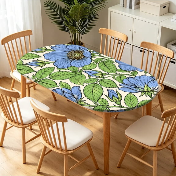 ARTSLION Elastic Tablecloth For Oval Tables, Waterproof Tablecover For Up To 42X68in Oval Table Cover, Dining Tablecover For Indoor And Outdoor, Holiday, Blue Petal