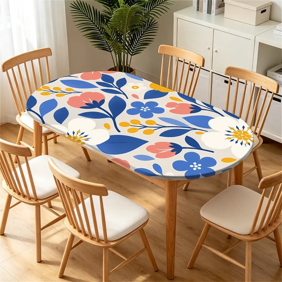 ARTSLION Elastic Tablecloth For Oval Tables, Waterproof Tablecover For Up To 42X68in Oval Table Cover, Dining Tablecover For Indoor And Outdoor, Holiday, Blue Posy