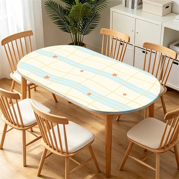 ARTSLION Elastic Tablecloth For Oval Tables, Waterproof Tablecover For Up To 42X68in Oval Table Cover, Dining Tablecover For Indoor And Outdoor, Holiday, Cream Grid