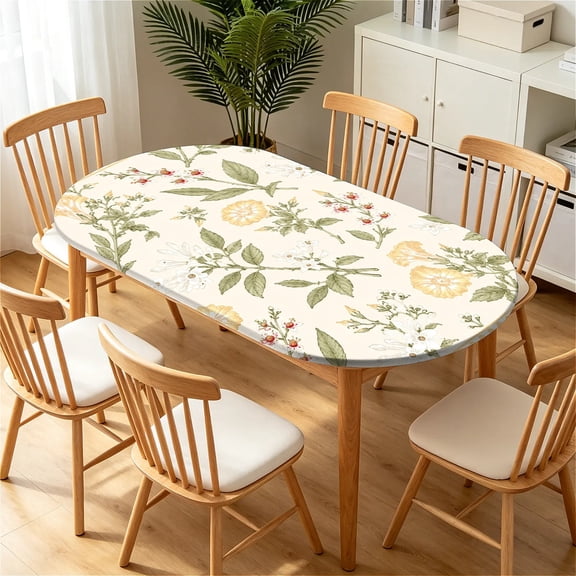 ARTSLION Elastic Tablecloth For Oval Tables, Waterproof Tablecover For Up To 42X68in Oval Table Cover, Dining Tablecover For Indoor And Outdoor, Holiday, Cream Herb