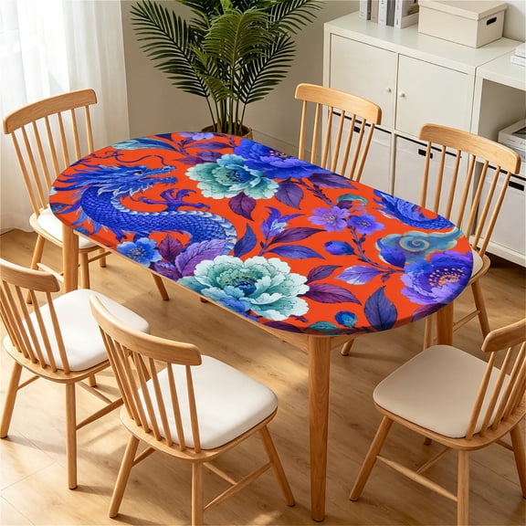 ARTSLION Elastic Tablecloth For Oval Tables, Waterproof Tablecover For Up To 42X68in Oval Table Cover, Dining Tablecover For Indoor And Outdoor, Holiday, Crimson Bloom