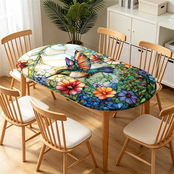 ARTSLION Elastic Tablecloth For Oval Tables, Waterproof Tablecover For Up To 42X68in Oval Table Cover, Dining Tablecover For Indoor And Outdoor, Holiday, Hummingbird