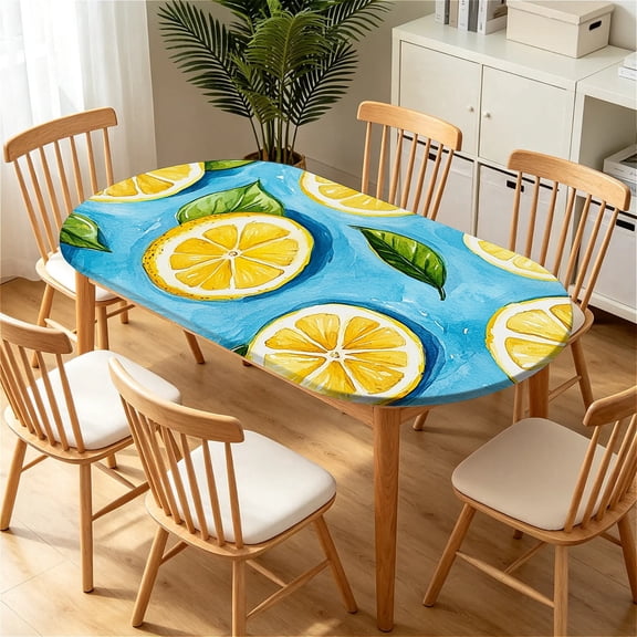 ARTSLION Elastic Tablecloth For Oval Tables, Waterproof Tablecover For Up To 42X68in Oval Table Cover, Dining Tablecover For Indoor And Outdoor, Holiday, Lemon