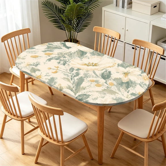 ARTSLION Elastic Tablecloth For Oval Tables, Waterproof Tablecover For Up To 42X68in Oval Table Cover, Dining Tablecover For Indoor And Outdoor, Holiday, Mint Blossom
