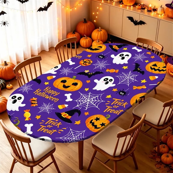 ARTSLION Elastic Tablecloth For Oval Tables, Waterproof Tablecover For Up To 42X68in Oval Table Cover, Dining Tablecover For Indoor And Outdoor, Holiday, Purple Boo