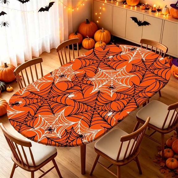 ARTSLION Elastic Tablecloth For Oval Tables, Waterproof Tablecover For Up To 42X68in Oval Table Cover, Dining Tablecover For Indoor And Outdoor, Holiday, Rust Web