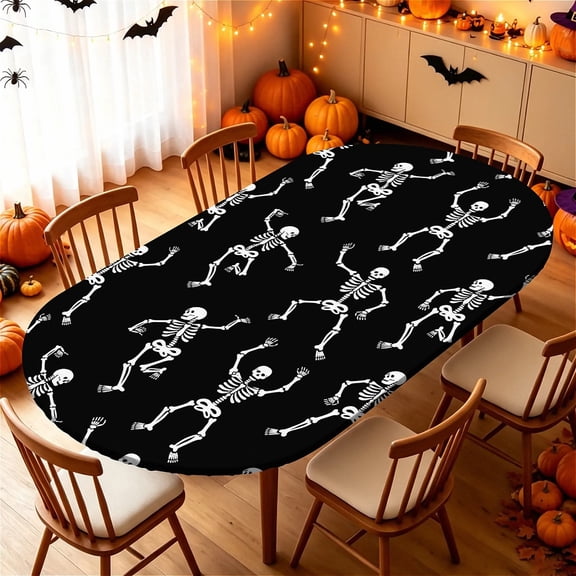 ARTSLION Elastic Tablecloth For Oval Tables, Waterproof Tablecover For Up To 42X68in Oval Table Cover, Dining Tablecover For Indoor And Outdoor, Holiday, Skeleton Pop