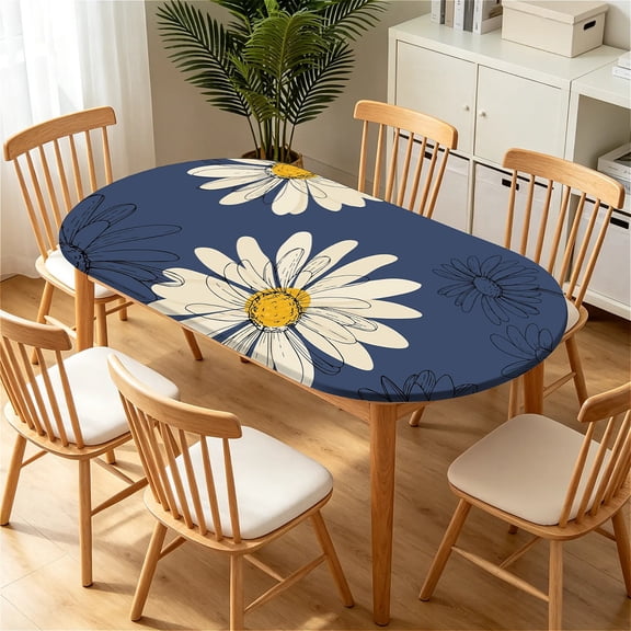 ARTSLION Elastic Tablecloth For Oval Tables, Waterproof Tablecover For Up To 42X68in Oval Table Cover, Dining Tablecover For Indoor And Outdoor, Holiday, White Flower