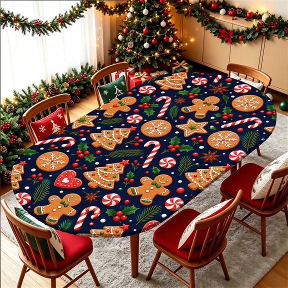 ARTSLION Elastic Tablecloth For Oval Tables, Waterproof Tablecover For Up To 48x68in Oval Table Cover, Dining Tablecover For Indoor And Outdoor, Holiday, Cookie Candy
