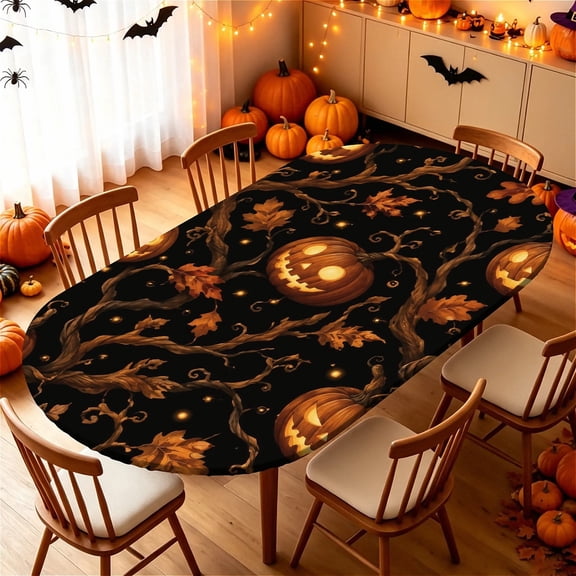 ARTSLION Elastic Tablecloth For Oval Tables, Waterproof Tablecover For Up To 48x72in Oval Table Cover, Dining Tablecover For Indoor And Outdoor, Holiday, Dark Pumpkin