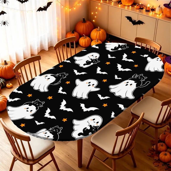 ARTSLION Elastic Tablecloth For Oval Tables, Waterproof Tablecover For Up To 48x72in Oval Table Cover, Dining Tablecover For Indoor And Outdoor, Holiday, Ghost Horde