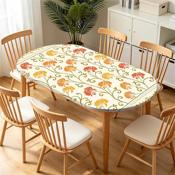 ARTSLION Elastic Tablecloth For Oval Tables, Waterproof Tablecover For Up To 48x72in Oval Table Cover, Dining Tablecover For Indoor And Outdoor, Holiday, Orange Border