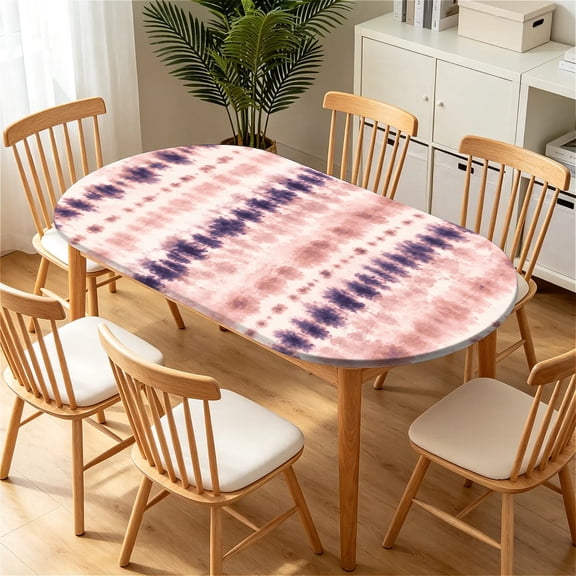 ARTSLION Elastic Tablecloth For Oval Tables, Waterproof Tablecover For Up To 48x72in Oval Table Cover, Dining Tablecover For Indoor And Outdoor, Holiday, Pink Striped