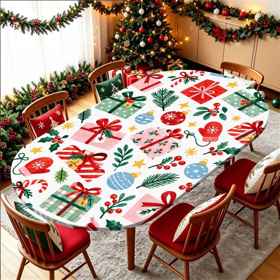 ARTSLION Elastic Tablecloth For Oval Tables, Waterproof Tablecover For Up To 48x72in Oval Table Cover, Dining Tablecover For Indoor And Outdoor, Holiday, Sweet Cheer