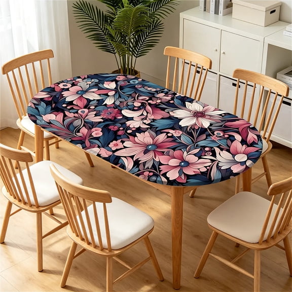 ARTSLION Elastic Tablecloth For Oval Tables, Waterproof Tablecover For Up To 60x84in Oval Table Cover, Dining Tablecover For Indoor And Outdoor, Holiday, DarkPinkFloral