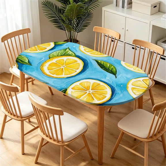 ARTSLION Elastic Tablecloth For Oval Tables, Waterproof Tablecover For Up To 60x84in Oval Table Cover, Dining Tablecover For Indoor And Outdoor, Holiday, Lemon