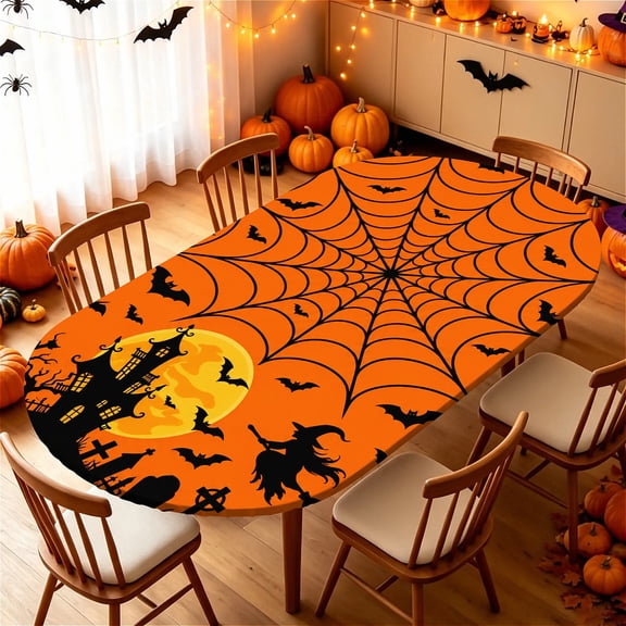 ARTSLION Elastic Tablecloth For Oval Tables, Waterproof Tablecover For Up To 60x84in Oval Table Cover, Dining Tablecover For Indoor And Outdoor, Holiday, Orange Web