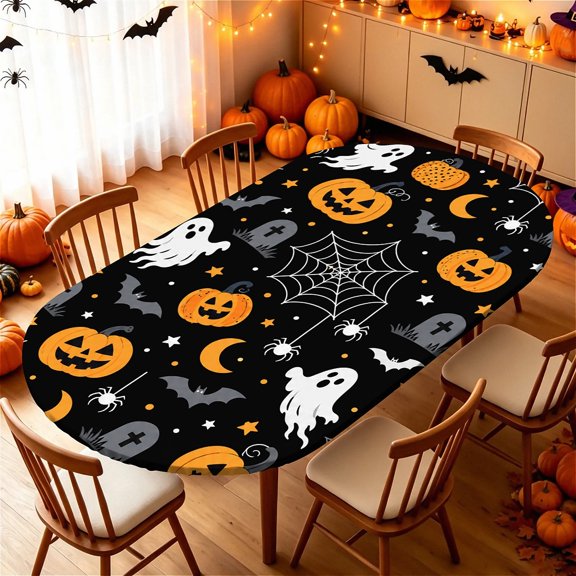 ARTSLION Elastic Tablecloth For Oval Tables, Waterproof Tablecover For Up To 60x84in Oval Table Cover, Dining Tablecover For Indoor And Outdoor, Holiday, Pumpkin Web
