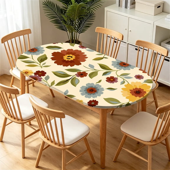 ARTSLION Elastic Tablecloth For Oval Tables, Waterproof Tablecover For Up To 60x84in Oval Table Cover, Dining Tablecover For Indoor And Outdoor, Holiday, Retro Sunflower