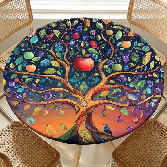 ARTSLION Elastic Tablecloth For Round Tables, Waterproof Tablecover For Up To 32"-36" Round Table, Dining Tablecover For Indoor And Outdoor, Holiday, Life Tree