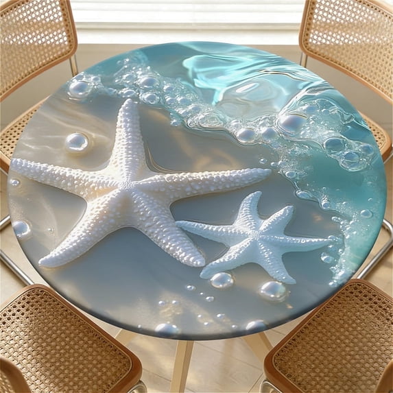 ARTSLION Elastic Tablecloth For Round Tables, Waterproof Tablecover For Up To 32"-36" Round Table, Dining Tablecover For Indoor And Outdoor, Holiday, Seastar