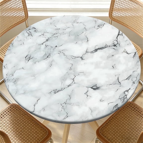 ARTSLION Elastic Tablecloth For Round Tables, Waterproof Tablecover For Up To 32"-36" Round Table, Dining Tablecover For Indoor And Outdoor, Holiday, White And Gray Marble