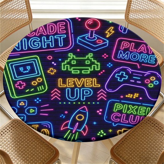 ARTSLION Elastic Tablecloth For Round Tables, Waterproof Tablecover For Up To 36in Round Table, Dining Tablecover For Indoor And Outdoor, Holiday, Arcade Print
