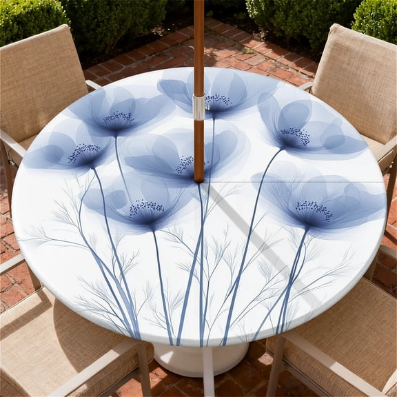 ARTSLION Round Outdoor Tablecloth For Up To 36in With Umbrella Hole & Zipper Waterproof Elastic Edge Fitted Table Cover Big Sunflower For Patio Picnic Party, Blue Flowers