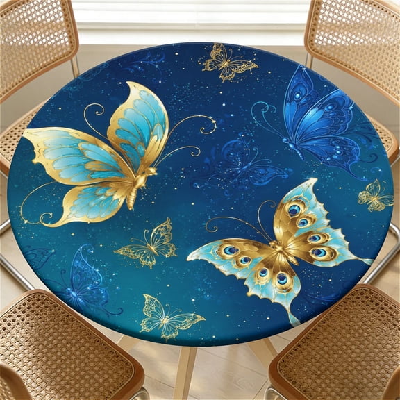 ARTSLION Elastic Tablecloth For Round Tables, Waterproof Tablecover For Up To 36in Round Table, Dining Tablecover For Indoor And Outdoor, Holiday, Golden Butterflies