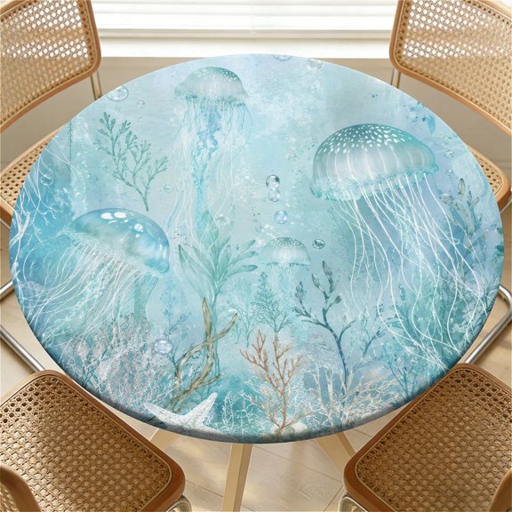 ARTSLION Elastic Tablecloth For Round Tables, Waterproof Tablecover For Up To 36in Round Table, Dining Tablecover For Indoor And Outdoor, Holiday, Jellyfish Ocean