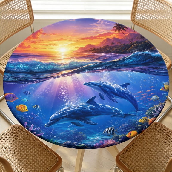 ARTSLION Elastic Tablecloth For Round Tables, Waterproof Tablecover For Up To 36in Round Table, Dining Tablecover For Indoor And Outdoor, Holiday, Sunset Dolphins