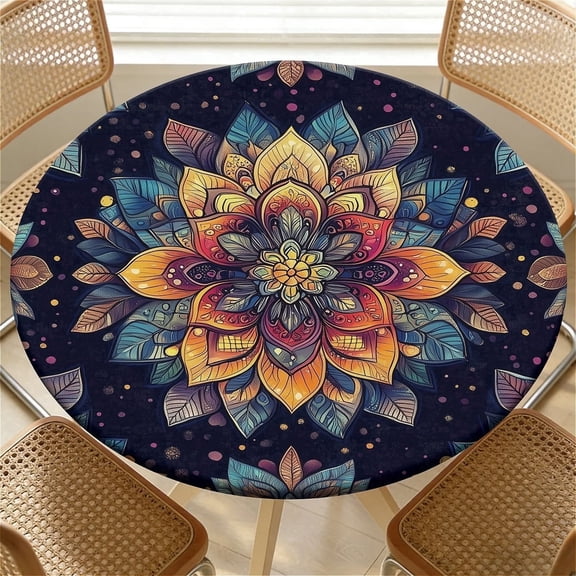 ARTSLION Elastic Tablecloth For Round Tables, Waterproof Tablecover For Up To 45"-48" Round Table, Dining Tablecover For Indoor And Outdoor, Holiday, Boho-1