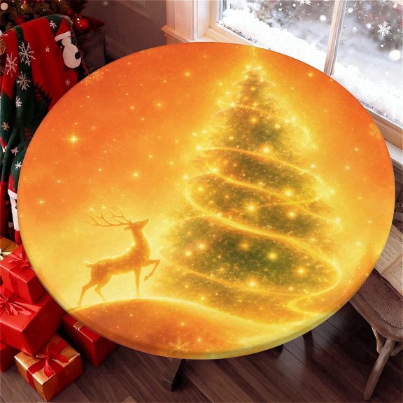 ARTSLION Elastic Tablecloth For Round Tables, Waterproof Tablecover For Up To 48in Round Table, Dining Tablecover For Indoor And Outdoor, Holiday, Glowing Tree