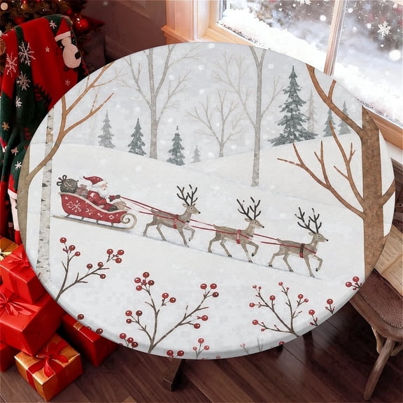 ARTSLION Elastic Tablecloth For Round Tables, Waterproof Tablecover For Up To 48in Round Table, Dining Tablecover For Indoor And Outdoor, Holiday, Winter Sleigh