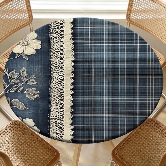 ARTSLION Elastic Tablecloth For Round Tables, Waterproof Tablecover For Up To 52in Round Table, Dining Tablecover For Indoor And Outdoor, Holiday, Denim Plaid