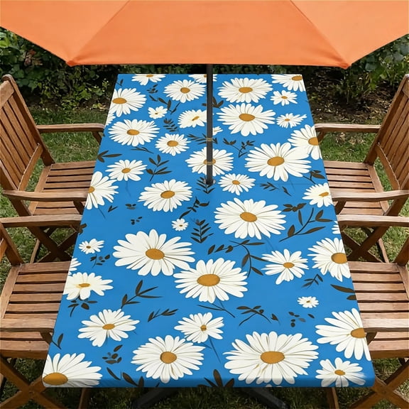 ARTSLION Rectangle Wipeable Tablecloth With Elastic, Fitted Waterproof Outdoor Tablecloth For 6 Foot Rectangle Tables, Picnic, Camping,24"x48" In,Blue Daisy