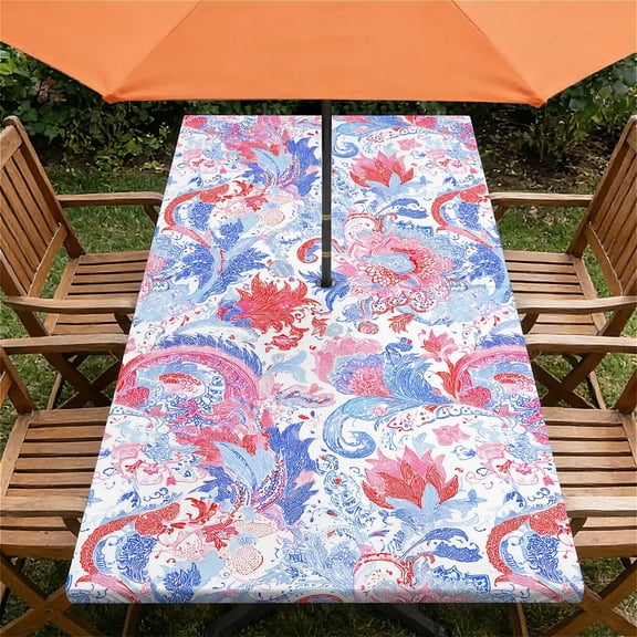 ARTSLION Rectangle Wipeable Tablecloth With Elastic, Fitted Waterproof Outdoor Tablecloth For 6 Foot Rectangle Tables, Picnic, Camping,24"x48" In,Paisley Flowers