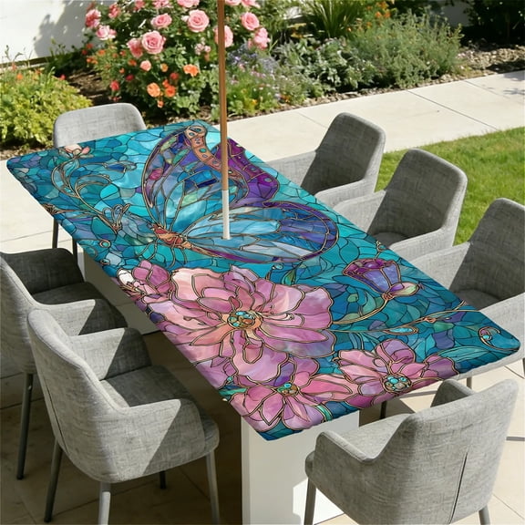 ARTSLION Rectangle Wipeable Tablecloth With Elastic, Fitted Waterproof Outdoor Tablecloth For 6 Foot Rectangle Tables, Picnic, Camping,30"x72" In,Butterfly