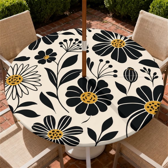 ARTSLION Round Outdoor Tablecloth For Up To 36in With Umbrella Hole & Zipper Waterproof Elastic Edge Fitted Table Cover Big Sunflower For Patio Picnic Party, Black White Daisy