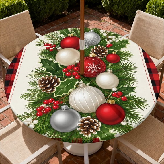 ARTSLION Round Outdoor Tablecloth For Up To 36in With Umbrella Hole & Zipper Waterproof Elastic Edge Fitted Table Cover Big Sunflower For Patio Picnic Party, Christmas Wreath Plaid